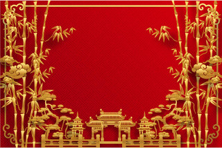 春节红色中国风新年喜庆金色竹子边框矢量素材